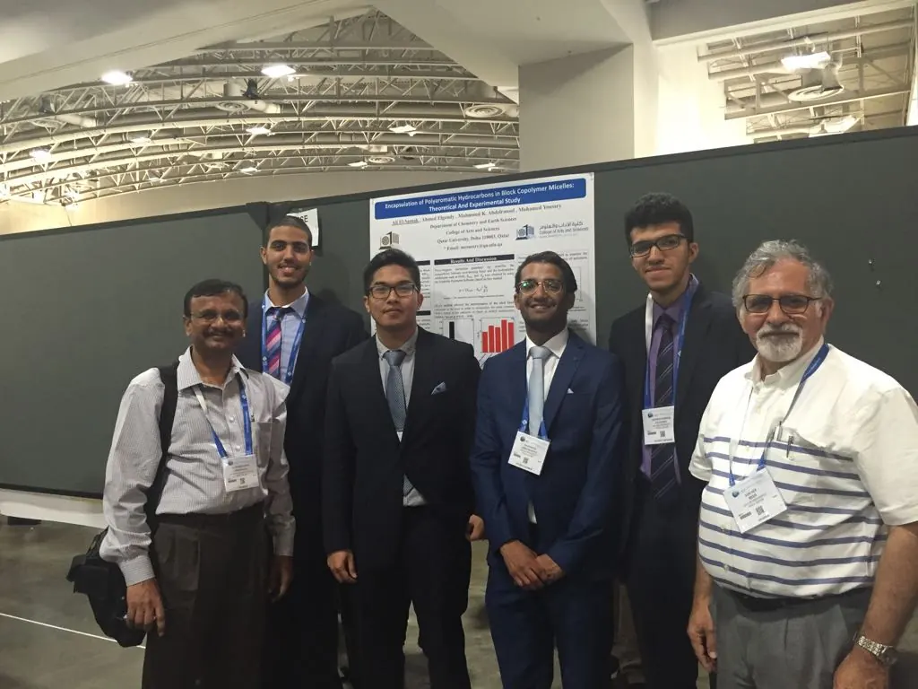 Archival photograph of the 2017 block-copolymer micelles research poster and participants
